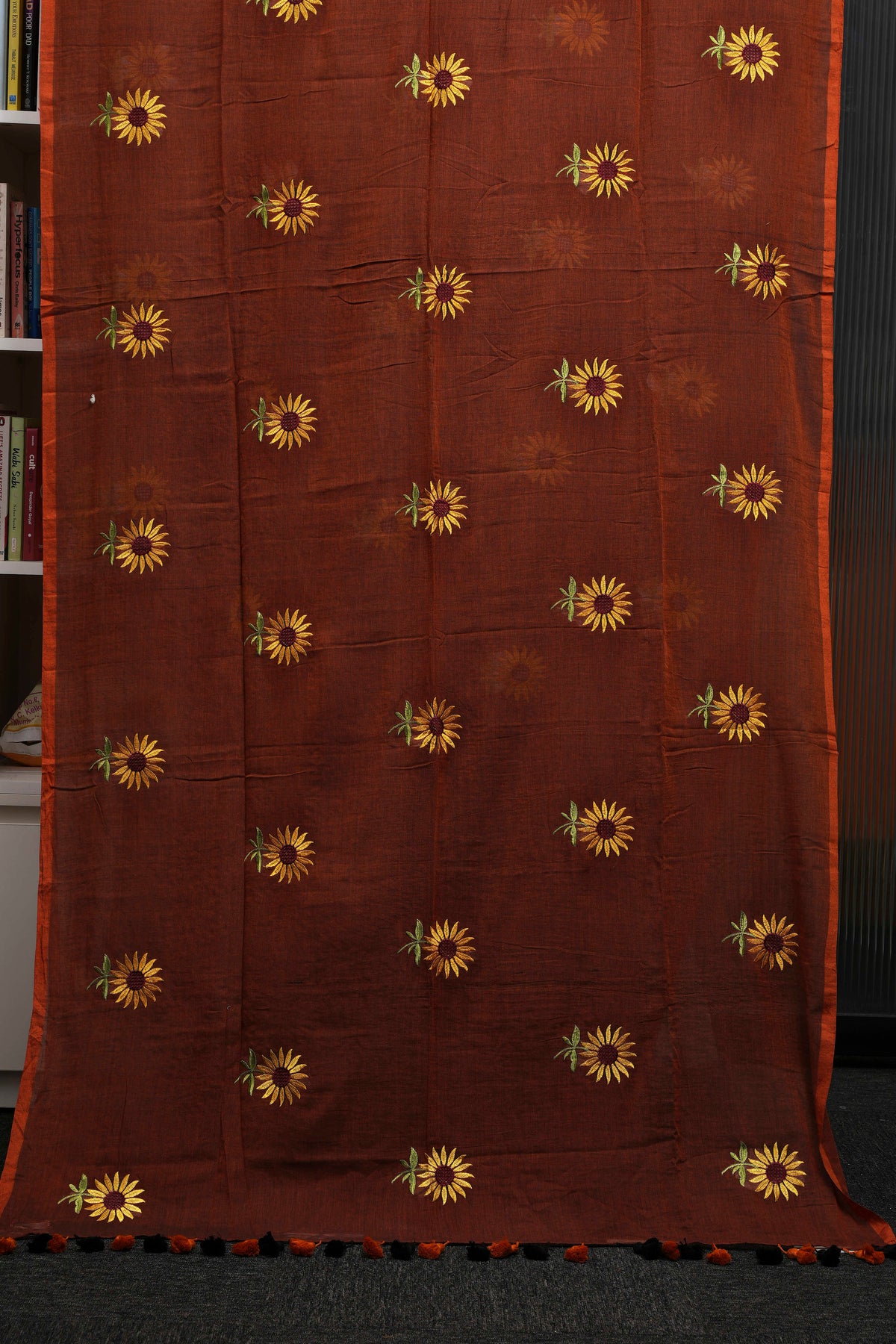 Rust Brown Sunflower Pure Mulmul Saree