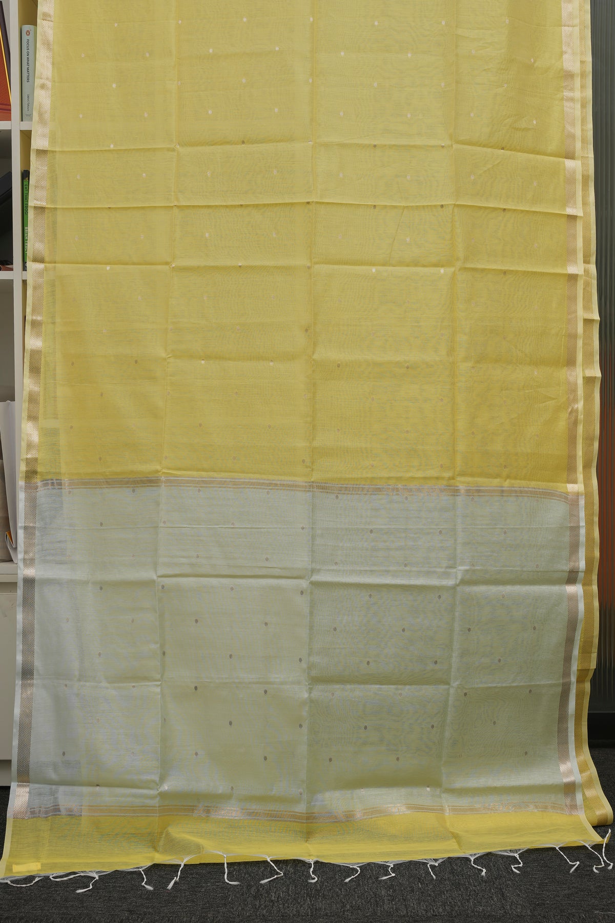 Lemon Yellow & Cyan Contrast Maheshwari Saree
