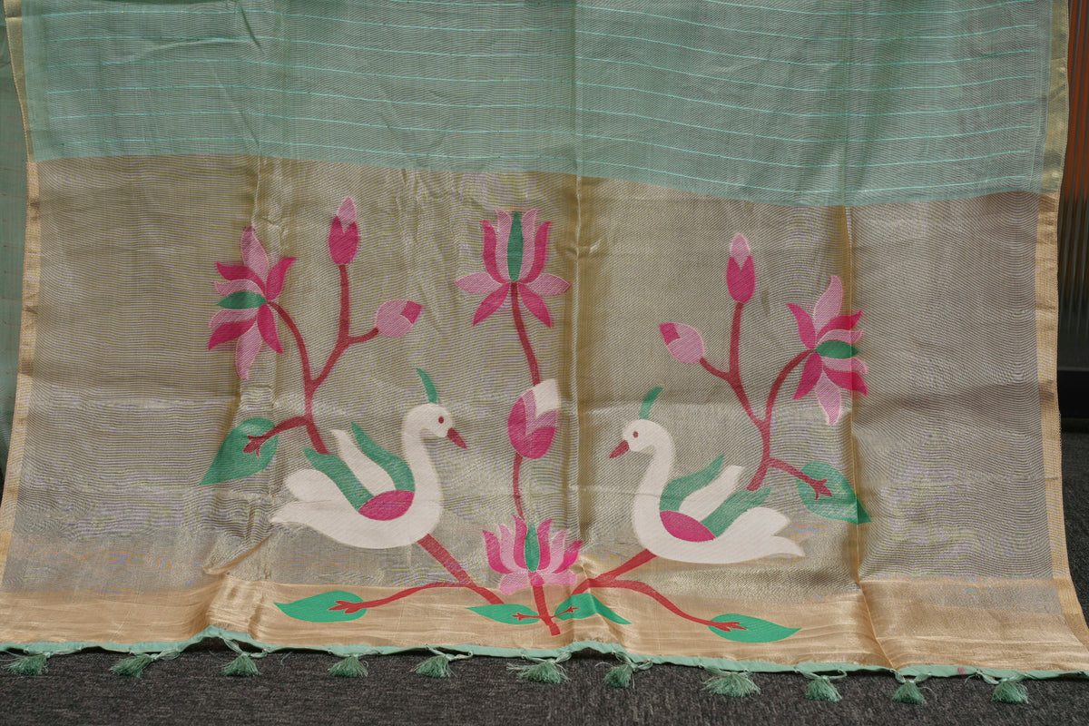 Mint Green Tissue Pallu Cotton Saree