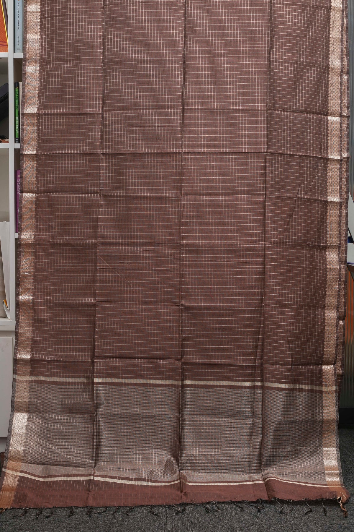 Chocolate Brown Checks Maheshwari Saree