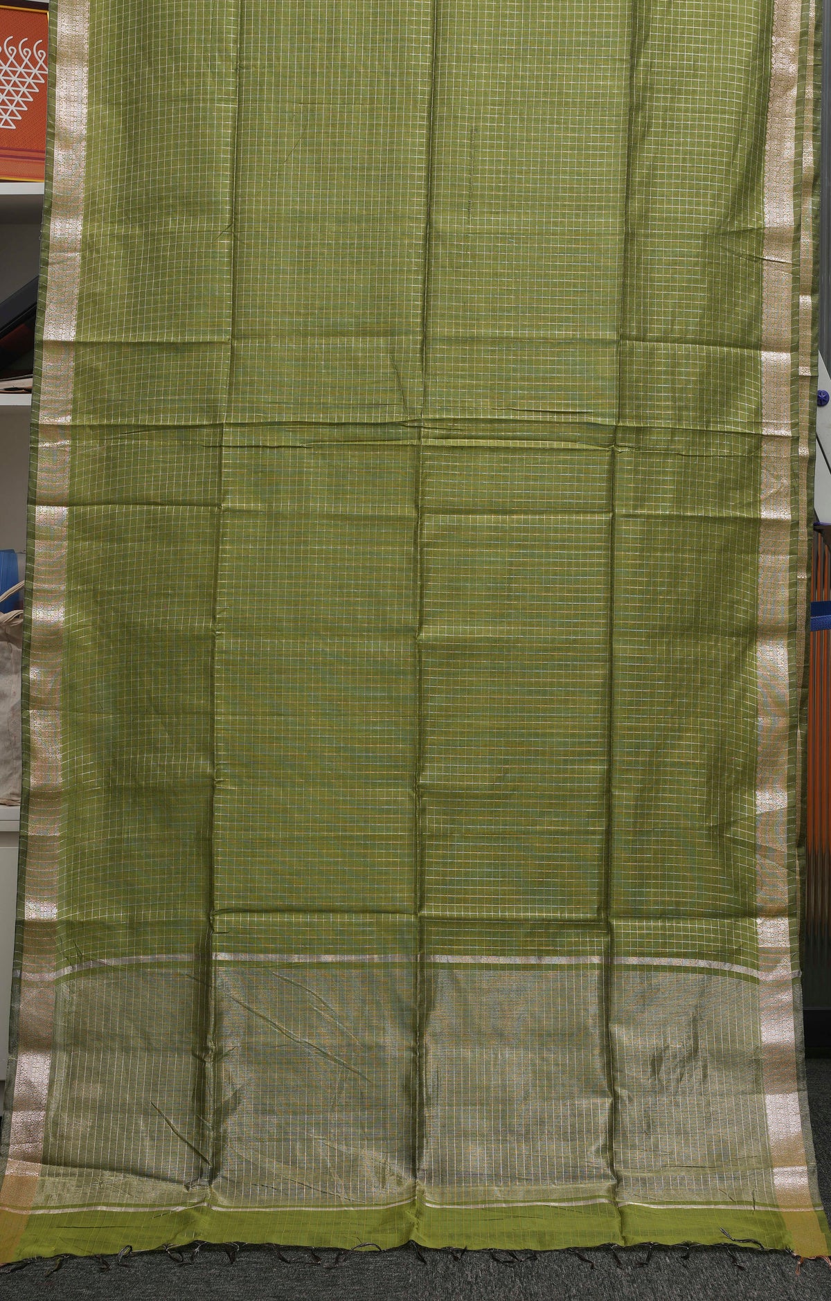 Olive Green Checks Maheshwari Saree