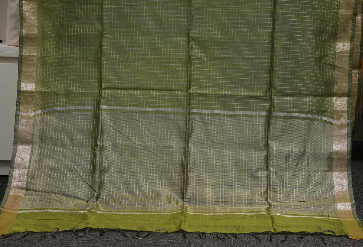 Olive Green Checks Maheshwari Saree