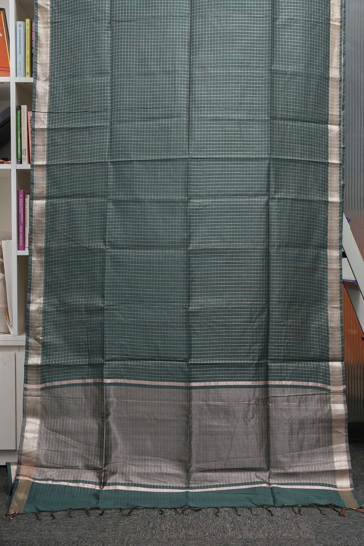 Bottle Green Checks Maheshwari Saree