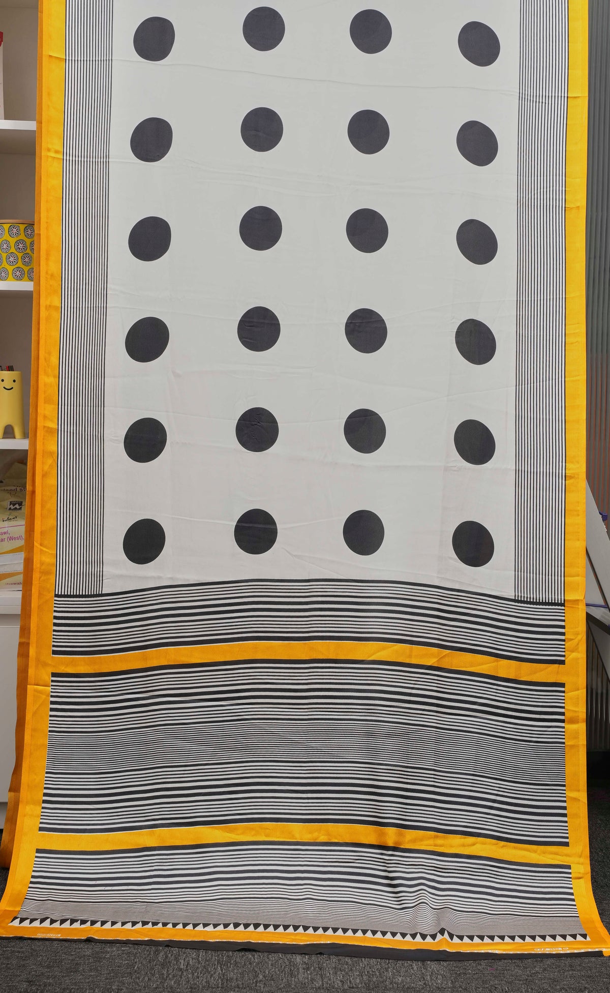 White & Black Polka Dot Semi Modal Silk Saree