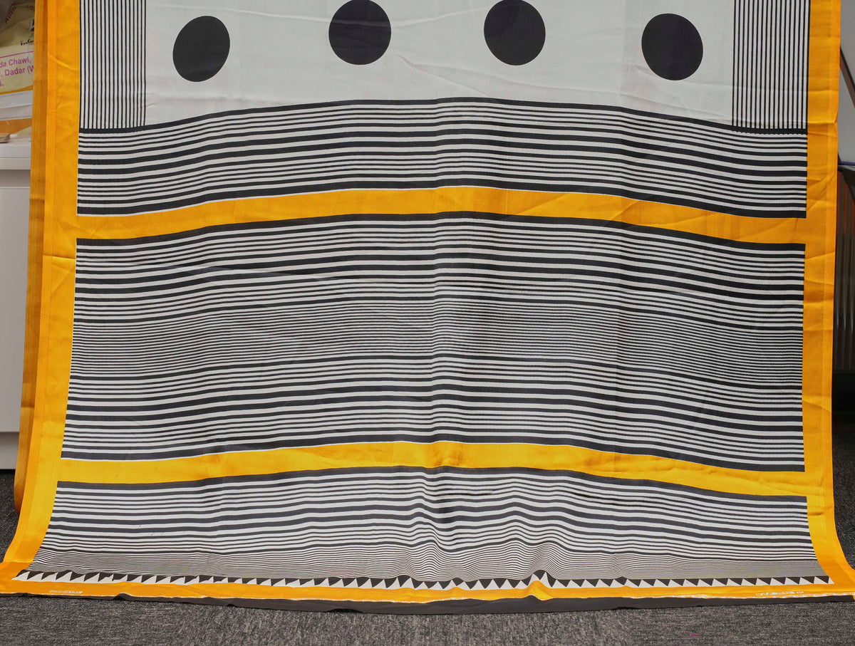 White & Black Polka Dot Semi Modal Silk Saree