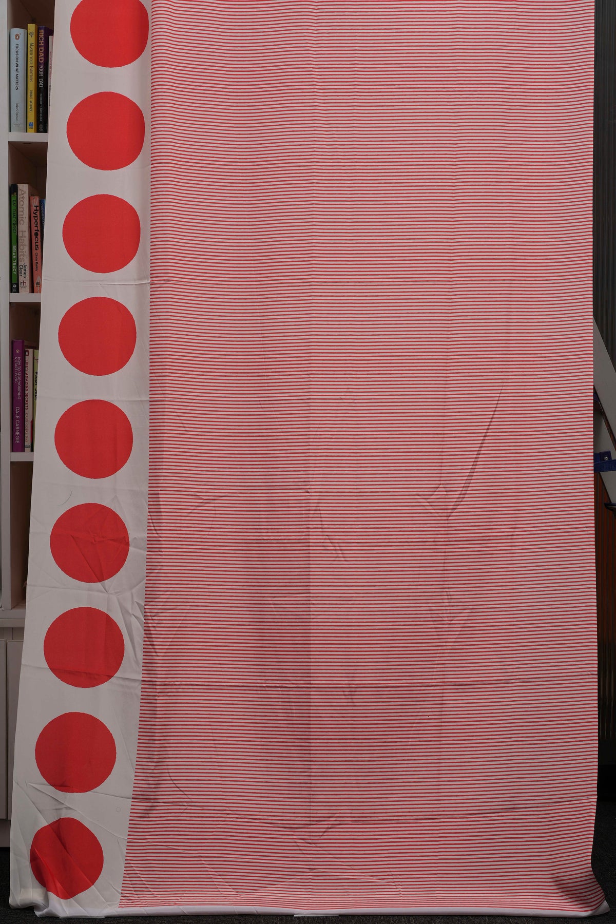 White & Coral Red Striped Semi Modal Silk Saree