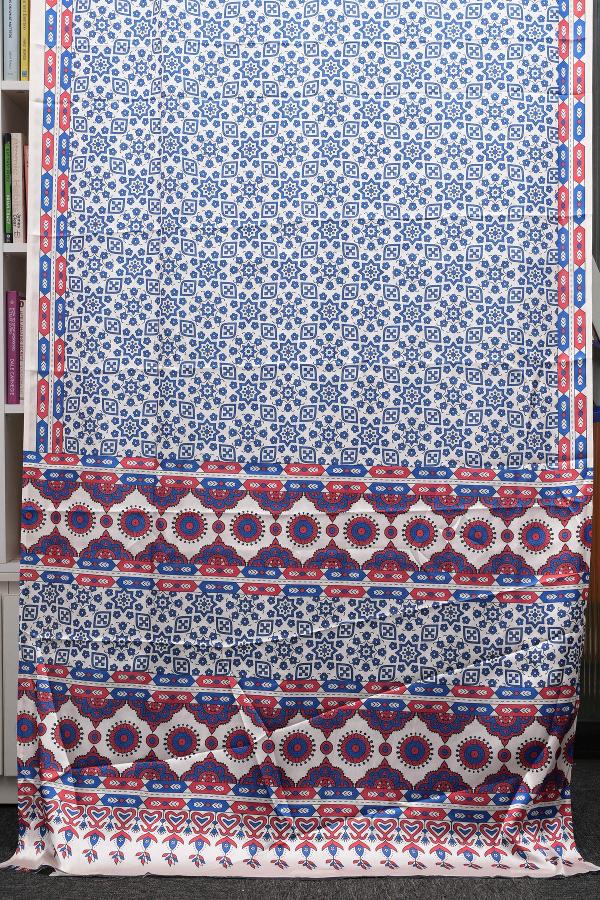 Blue & Coral Floral Print Semi Modal Silk Saree