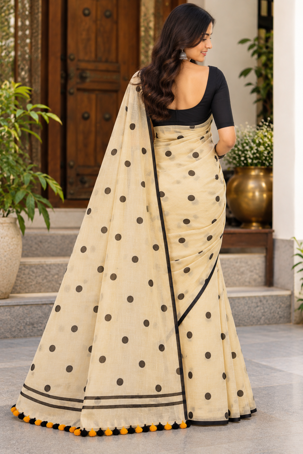 Champagne Beige Polka Dot Pure Mulmul Saree