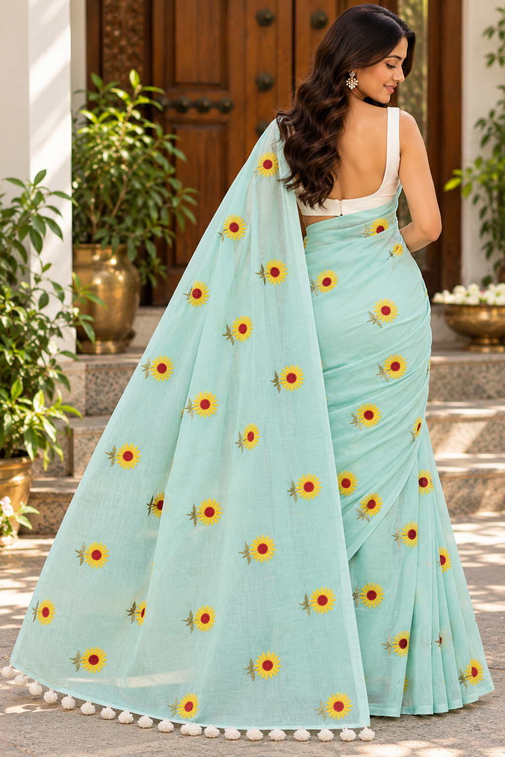 Aqua Blue Sunflower Pure Mulmul Saree
