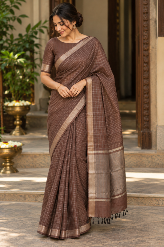 Chocolate Brown Checks Maheshwari Saree
