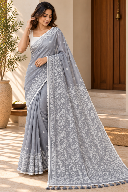 Grey Chikankari Mulmul Saree
