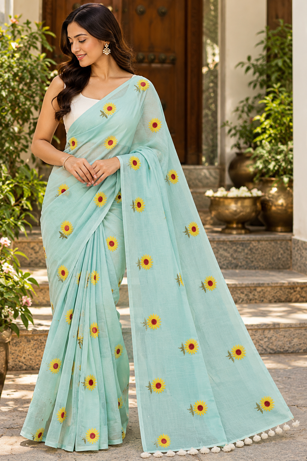 Aqua Blue Sunflower Pure Mulmul Saree