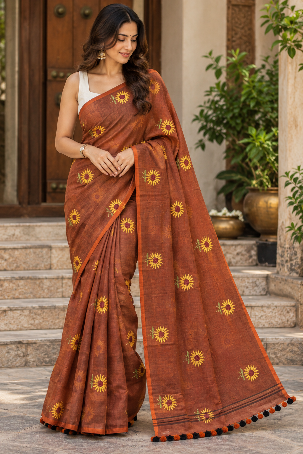 Rust Brown Sunflower Pure Mulmul Saree