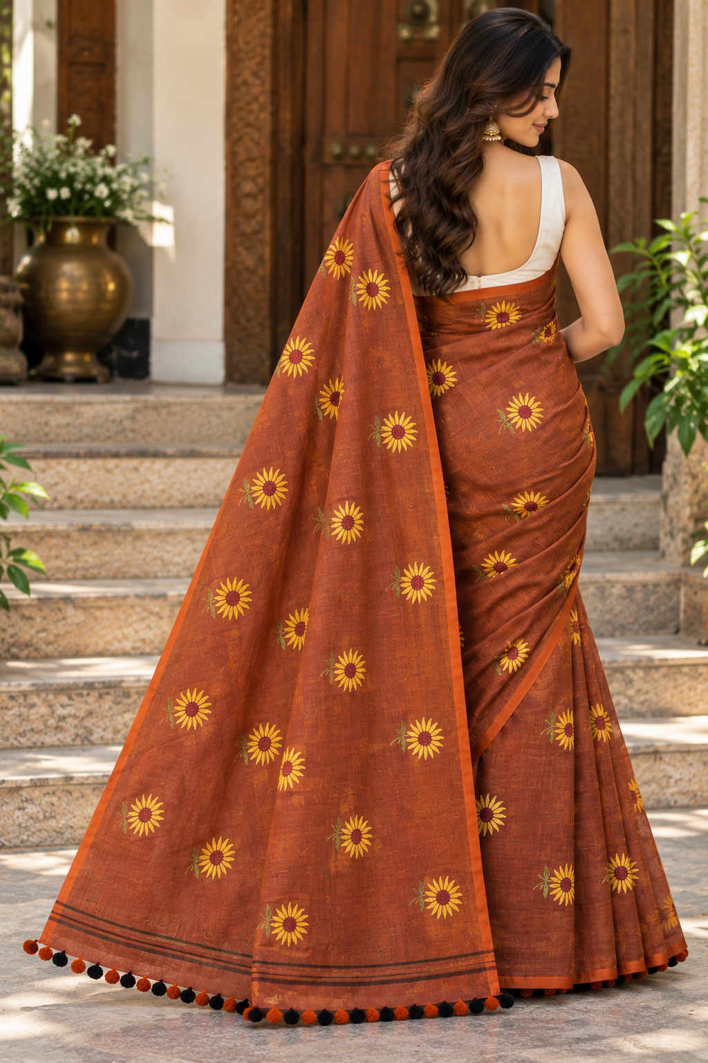 Rust Brown Sunflower Pure Mulmul Saree