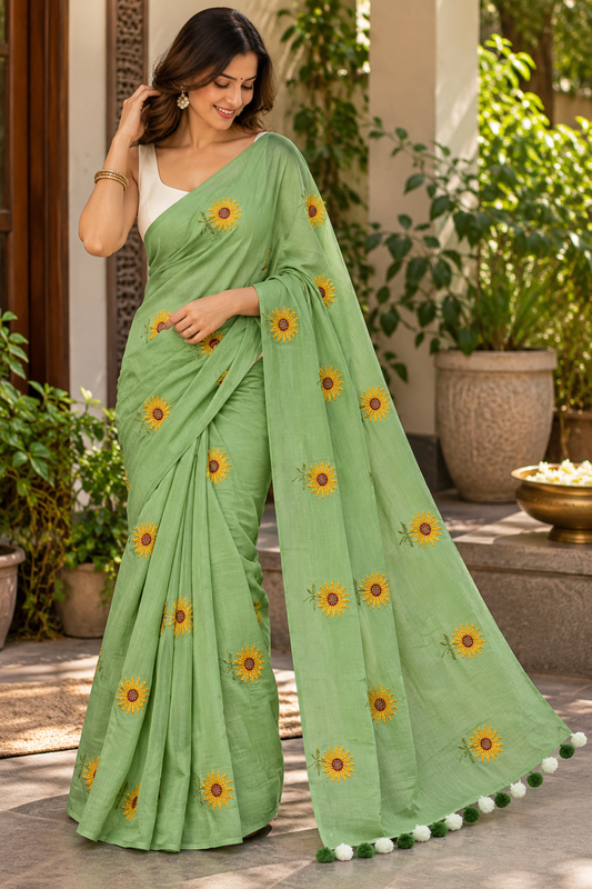 Sage Green Sunflower Pure Mulmul Saree