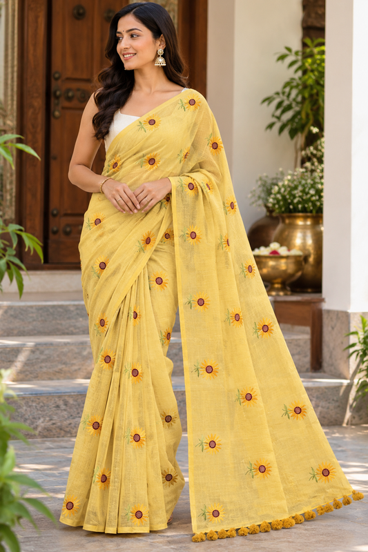 Butter Yellow Sunflower Pure Mulmul Saree