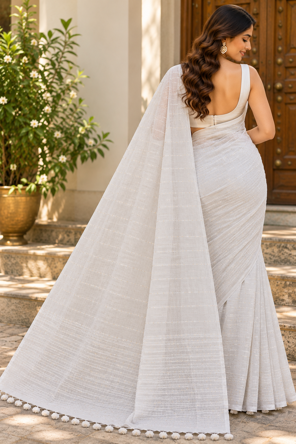 Ivory White Sequins Pure Mulmul Saree