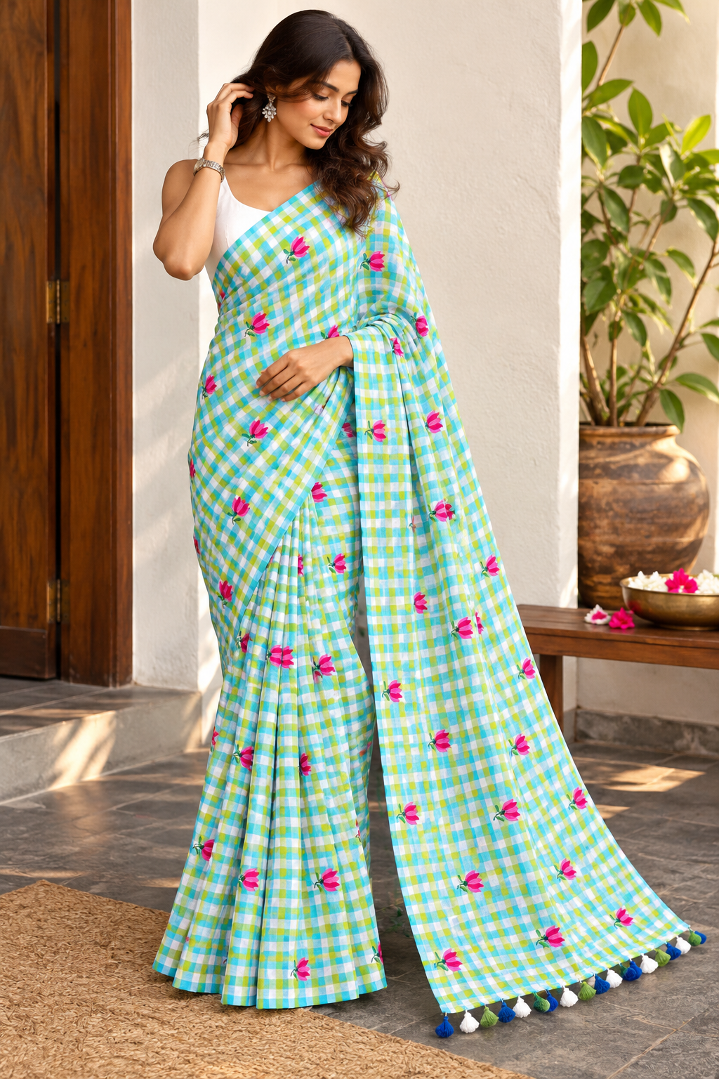 Mint Green Rose Check Mulmul Saree