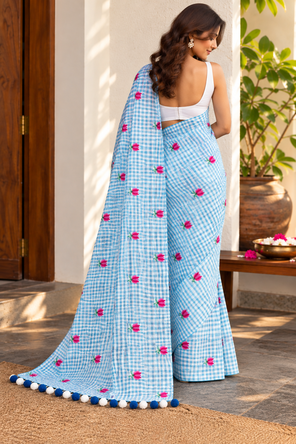 Sky Blue Rose Check Mulmul Saree