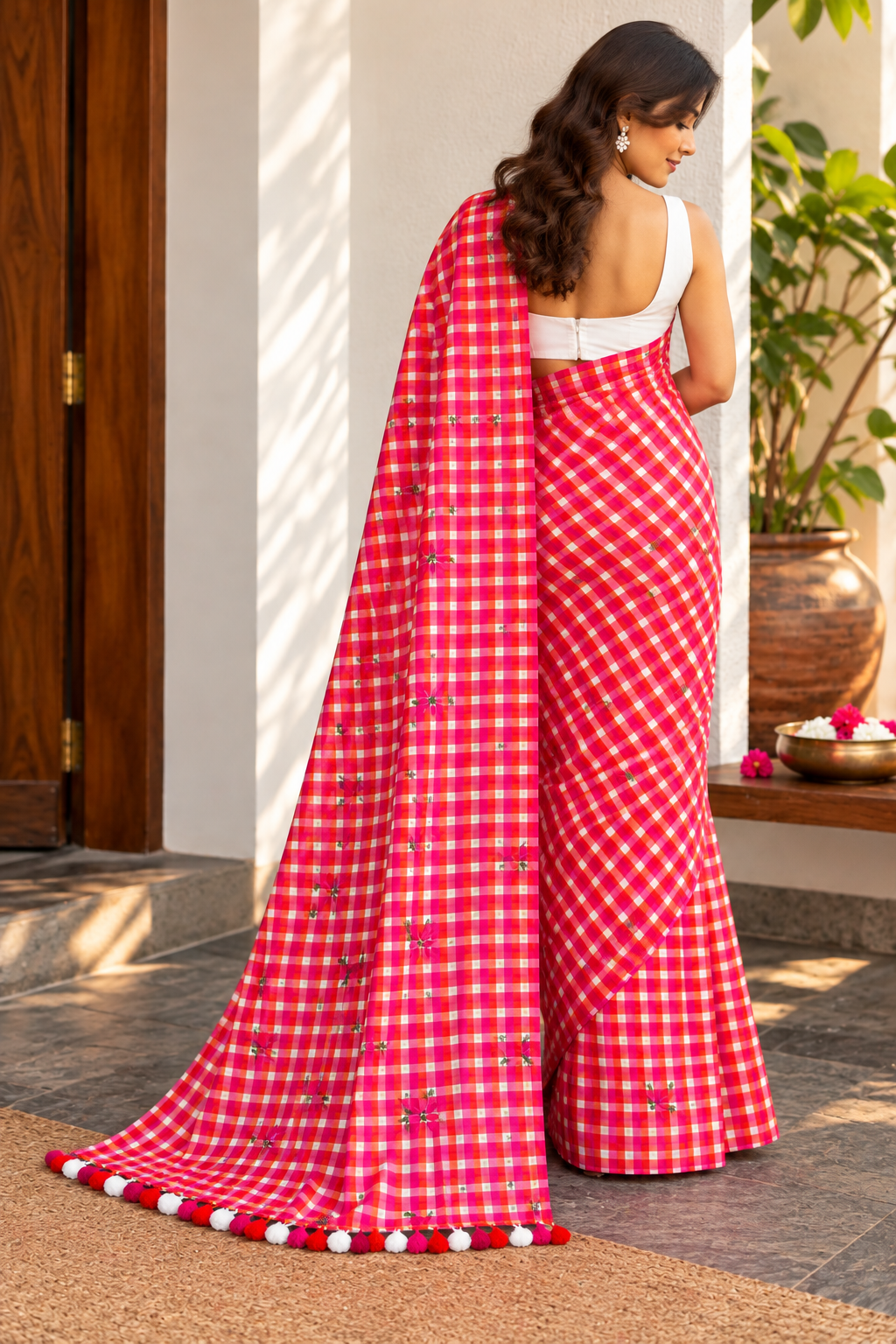 Ruby Coral Pink Rose Check Mulmul Saree
