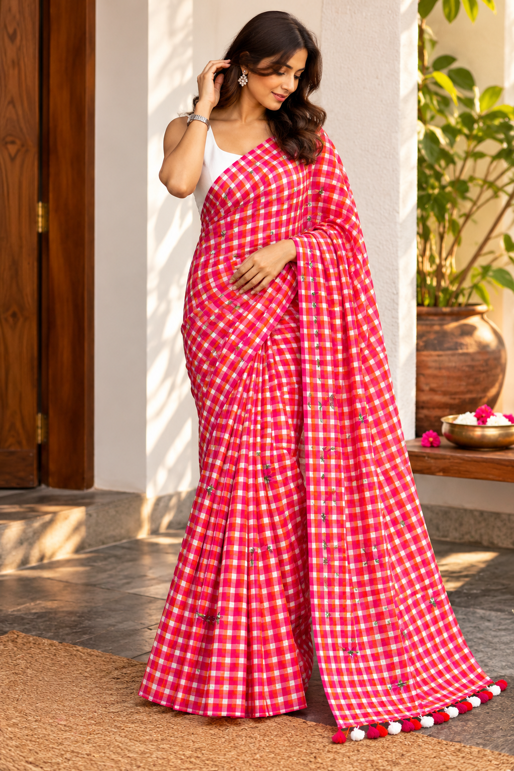 Ruby Coral Pink Rose Check Mulmul Saree