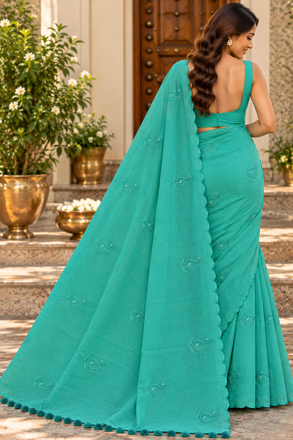 Mint Aqua Paisley Pure Mulmul Saree