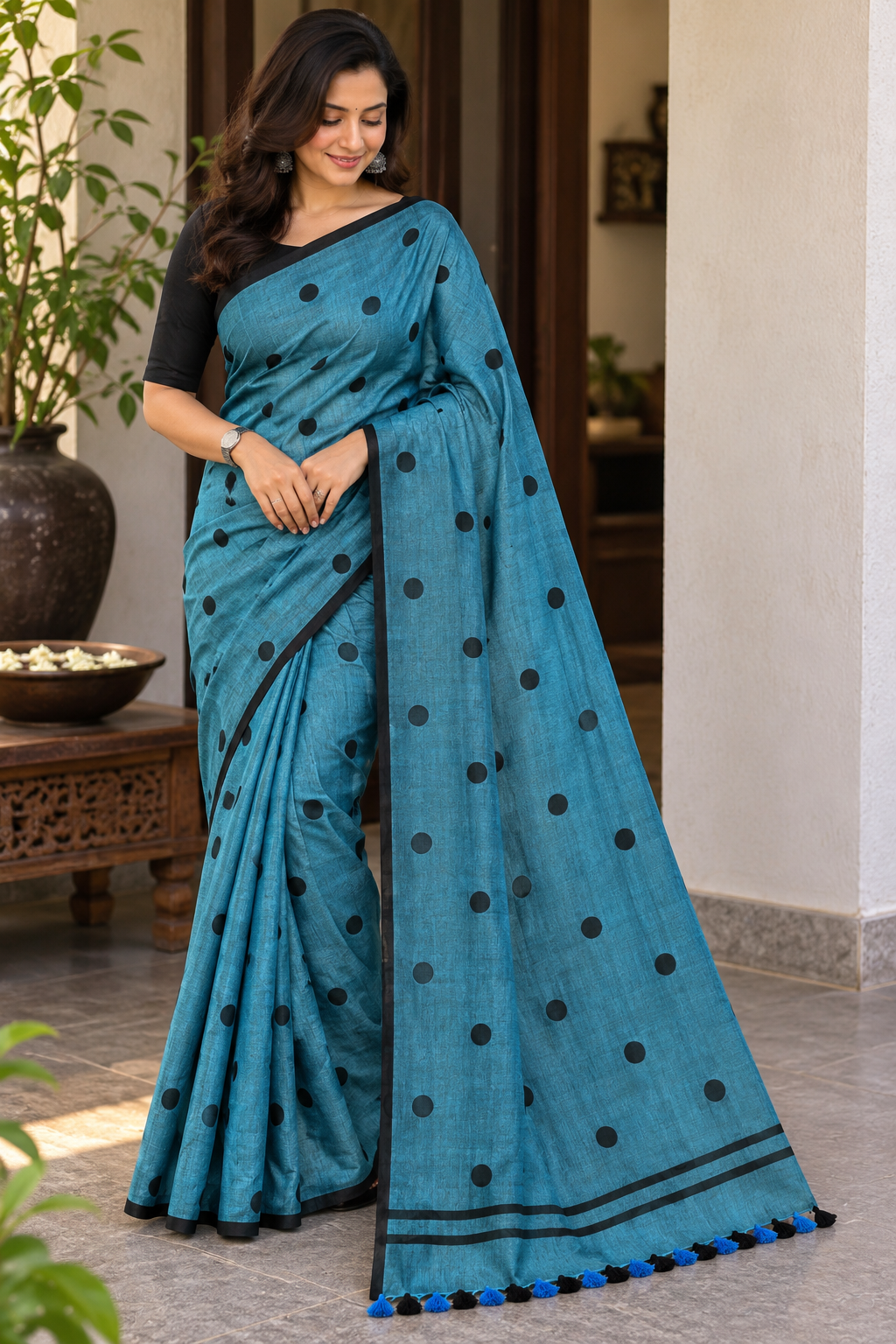 Teal Polka Dot Pure Mulmul Saree