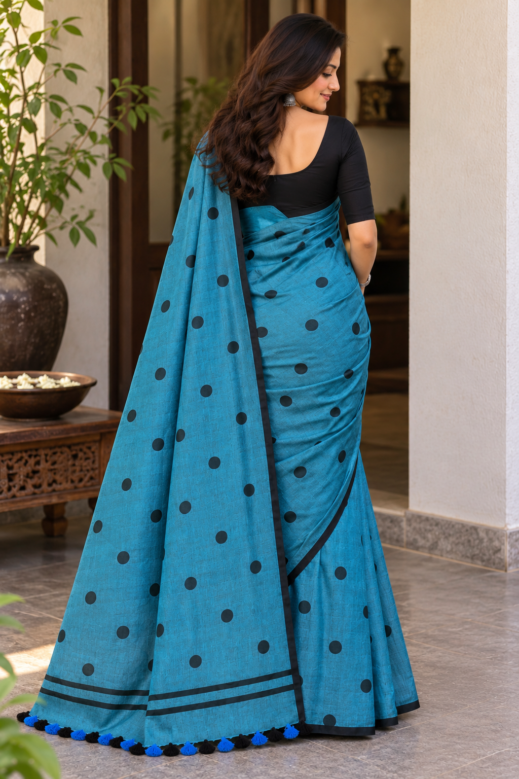 Teal Polka Dot Pure Mulmul Saree
