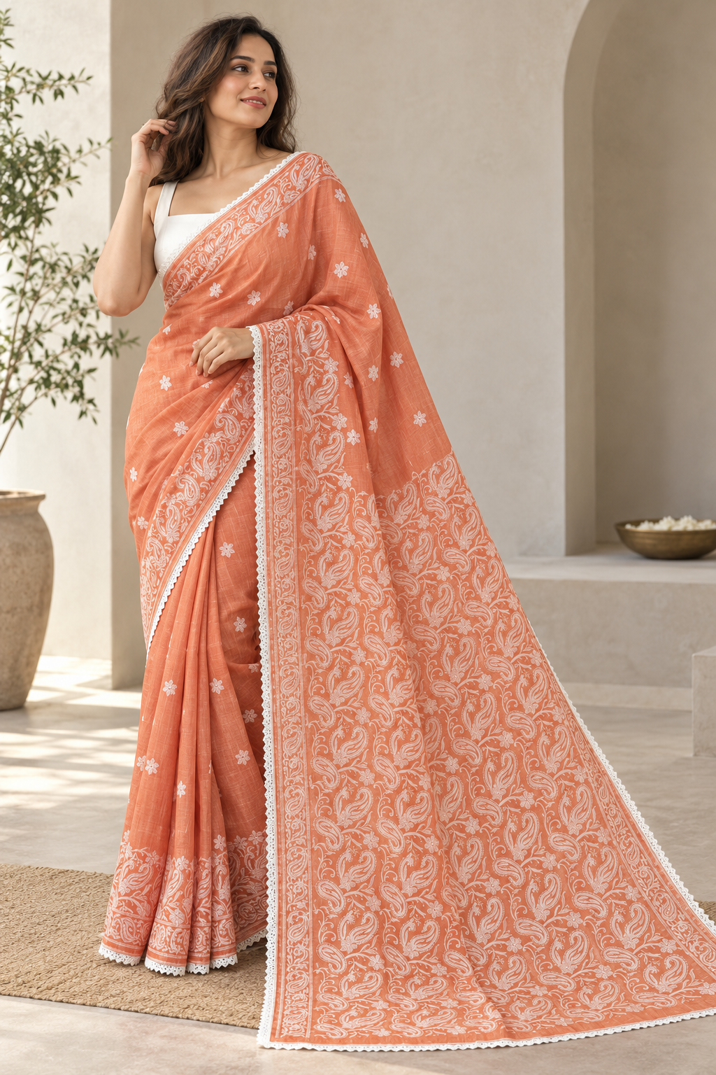 Burnt Orange Chikankari Mulmul Saree