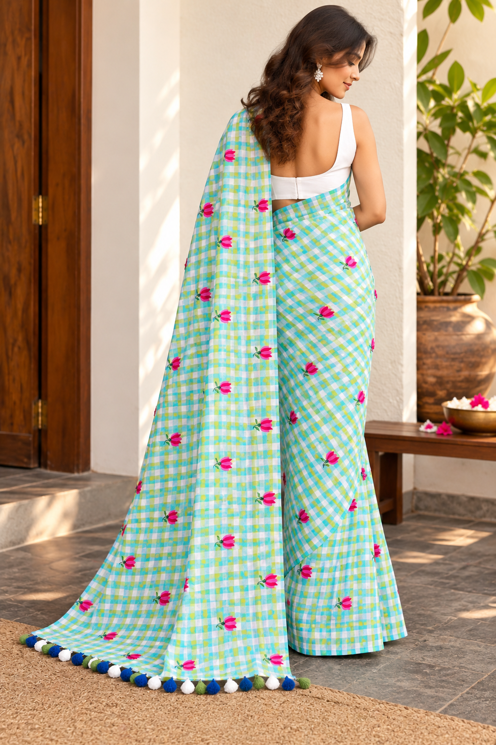 Mint Green Rose Check Mulmul Saree