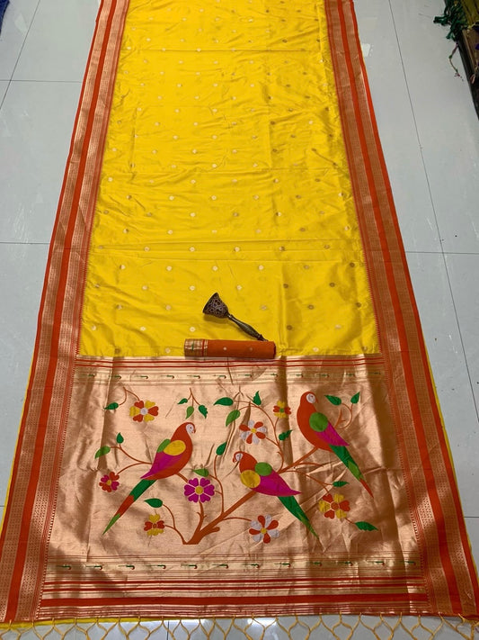 Coral Red & Sunshine Yellow Nauvari Kanjivaram Silk blend Paithani Saree with unstitched blouse.