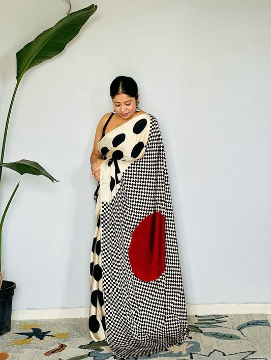 Off-White & Black Polka Dot Semi Modal Silk Saree