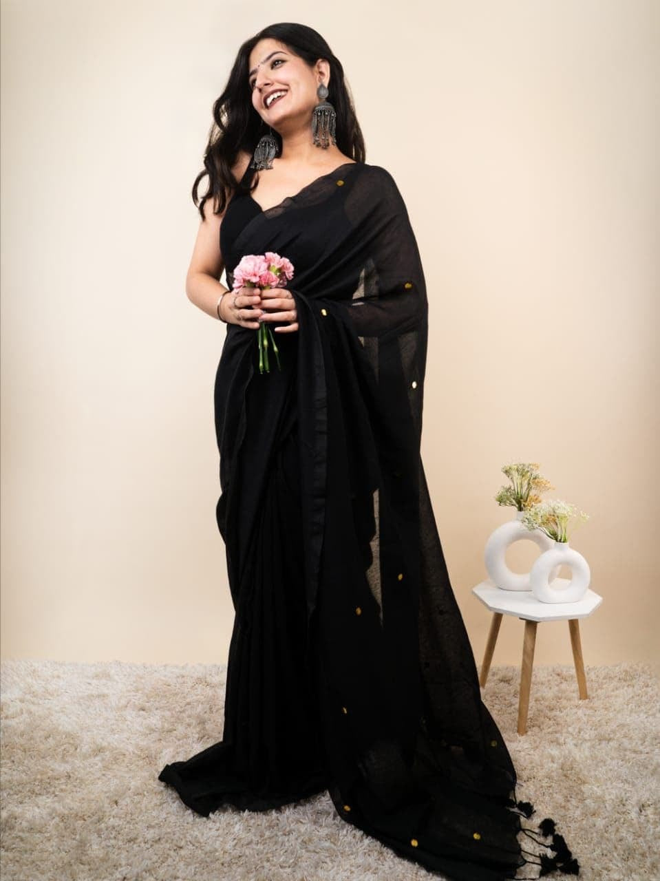 Black Sundari Tassel Cotton Saree