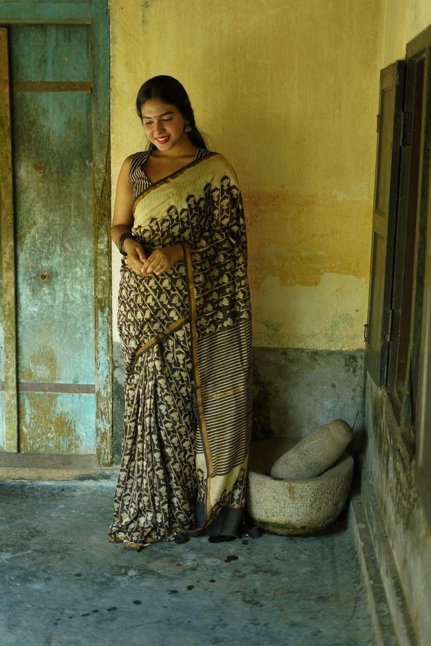 Black Handblock Print Cotton Saree