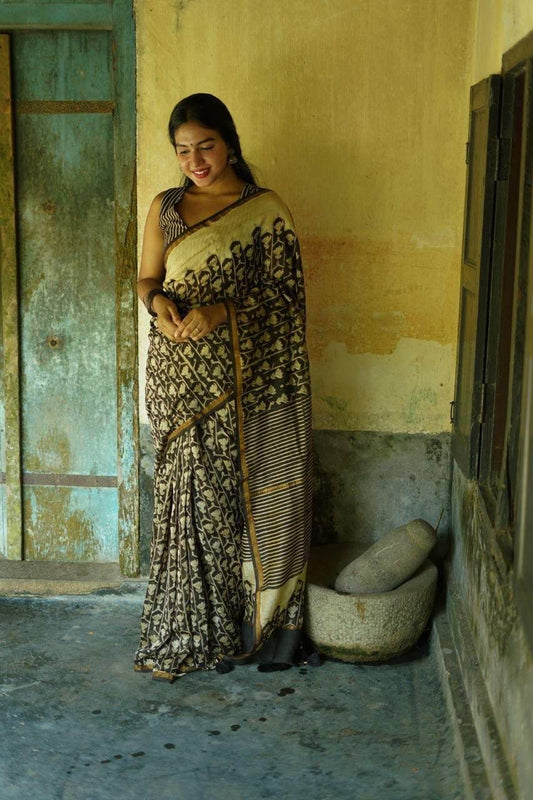 Black Handblock Print Cotton Saree