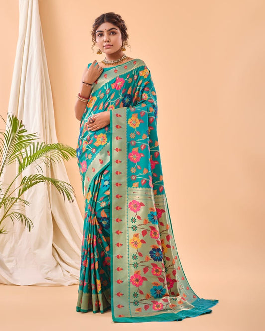 Peacock Green Multi Color Floral Brocade Paithani