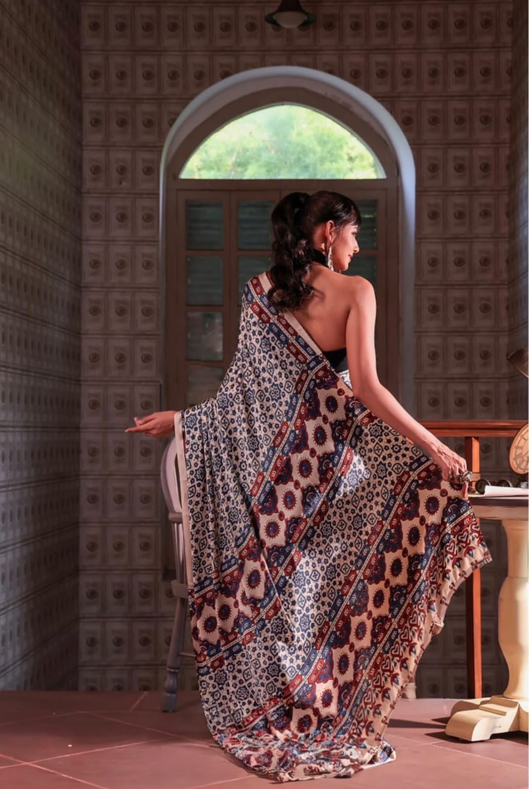 Blue & Coral Floral Print Semi Modal Silk Saree