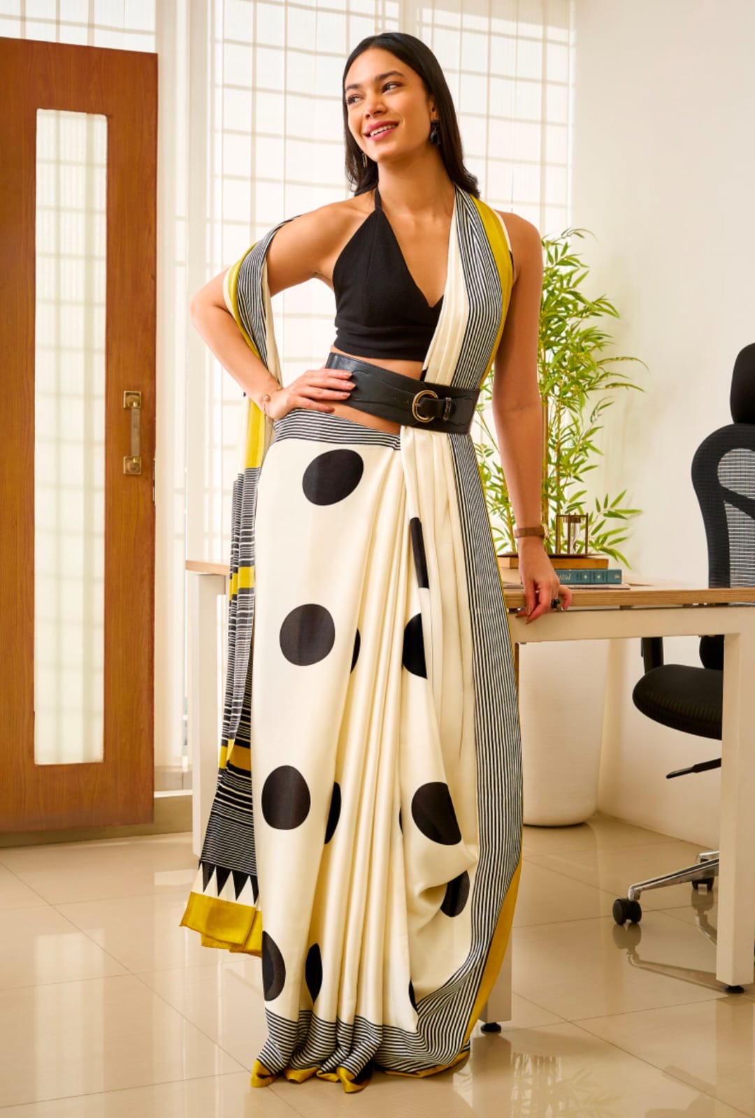 White & Black Polka Dot Semi Modal Silk Saree