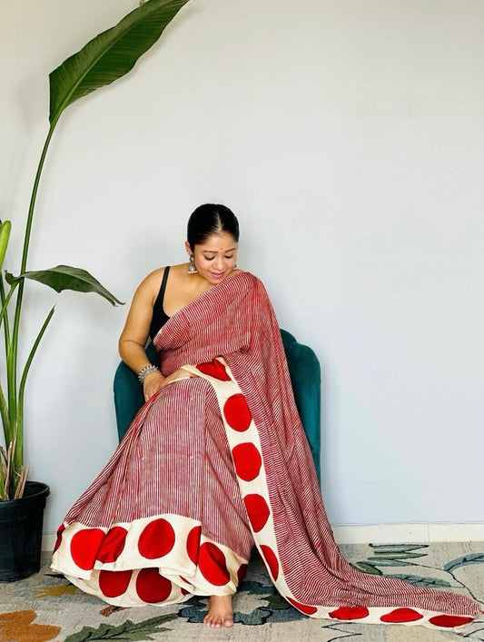 White & Coral Red Striped Semi Modal Silk Saree