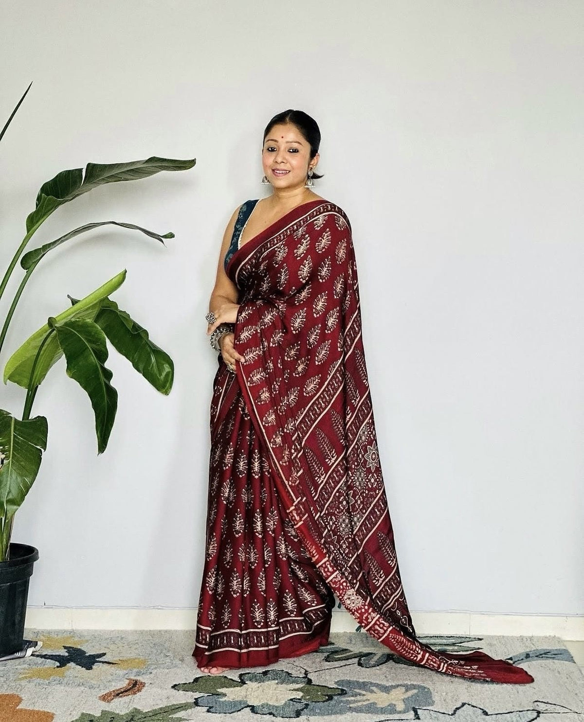 Maroon Floral Print Semi Modal Silk Saree