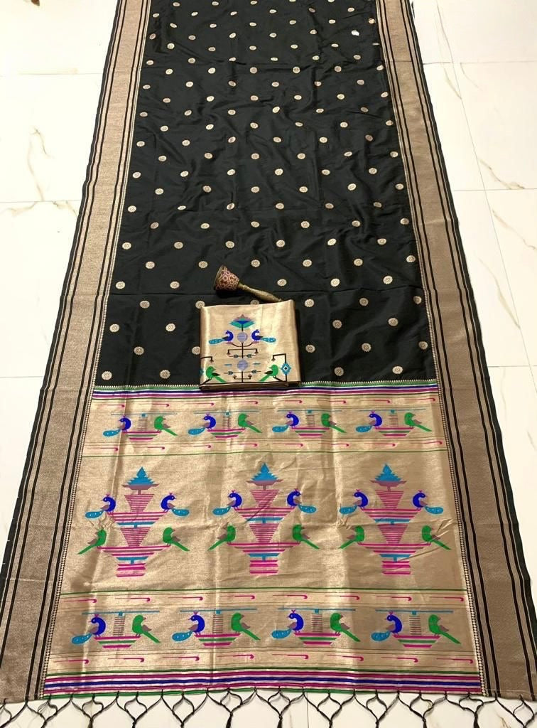 Black Nauvari Kanjivaram Silk blend Paithani Saree with unstitched blouse