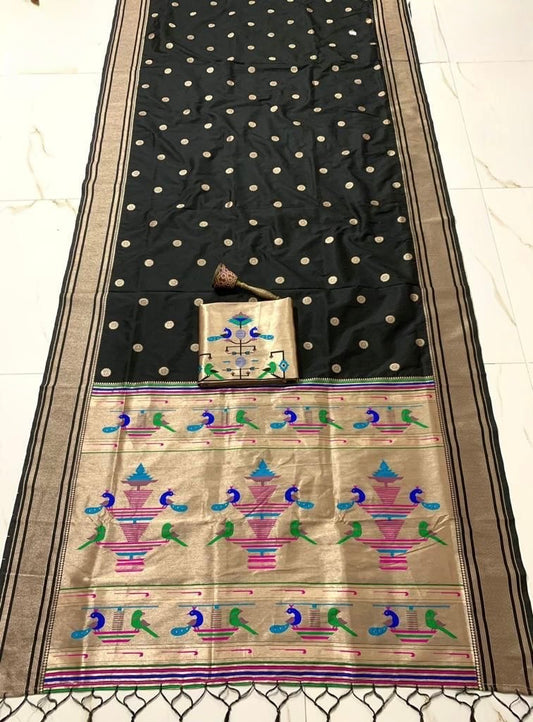 Black Nauvari Kanjivaram Silk blend Paithani Saree with unstitched blouse