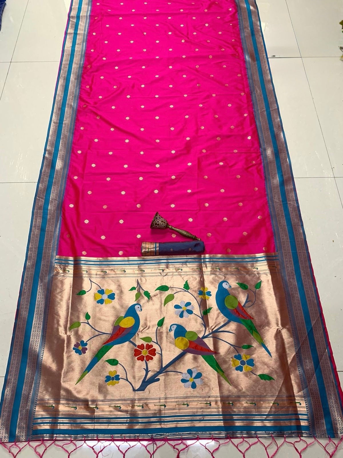 Teal Blue & Bright Rani Nauvari Kanjivaram Silk blend Paithani Saree with unstitched blouse.