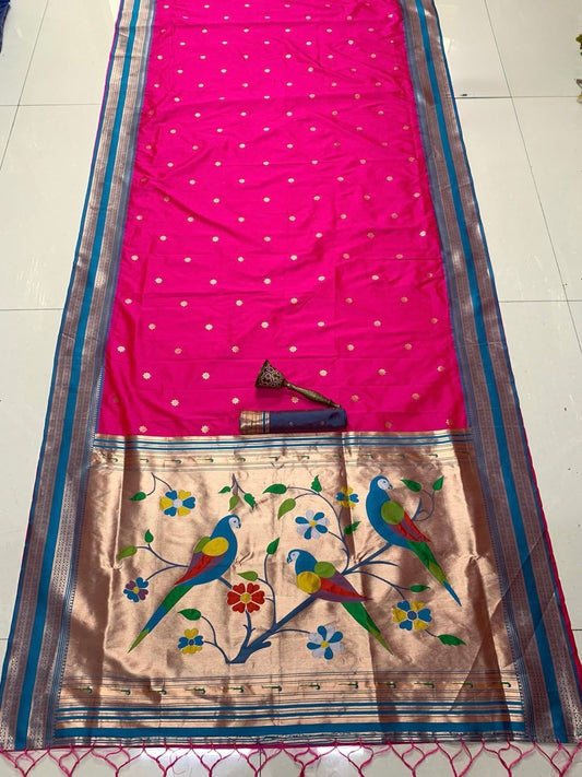 Teal Blue & Bright Rani Nauvari Kanjivaram Silk blend Paithani Saree with unstitched blouse.