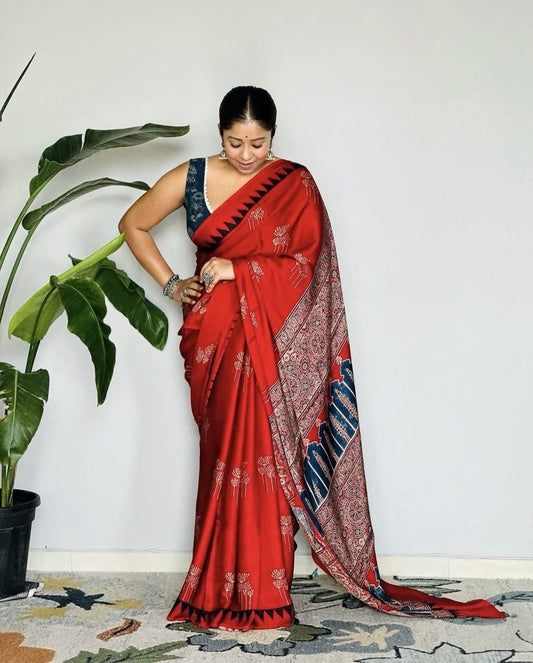 Coral Red Semi Modal Silk Saree
