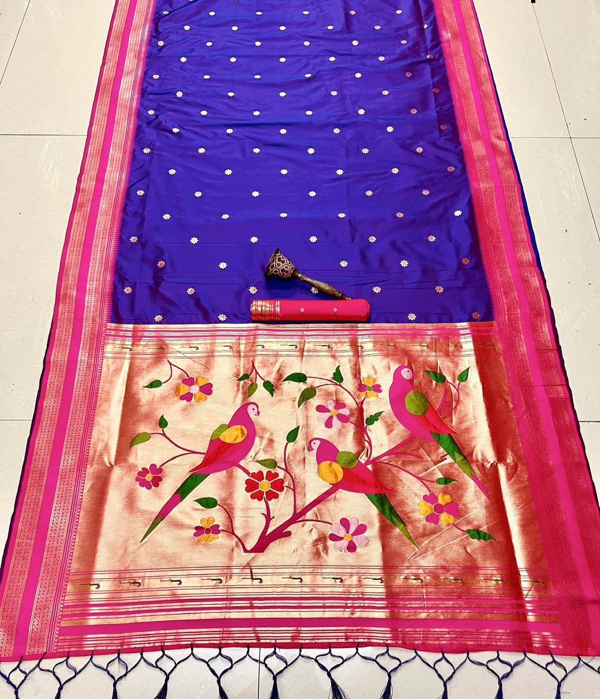 Rani & Royal Purple Nauvari Kanjivaram Silk blend Paithani Saree with unstitched blouse.