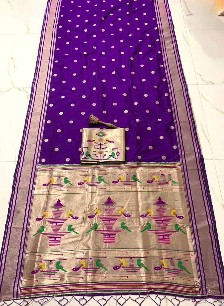 Purple  Nauvari Kanjivaram Silk blend Paithani Saree with unstitched blouse