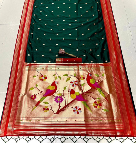 Coral Red & Bottle Green Nauvari Kanjivaram Silk blend Paithani Saree with unstitched blouse.