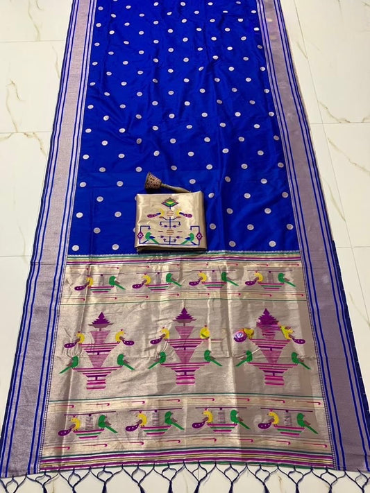 Royal Indigo Blue Nauvari Kanjivaram Silk blend Paithani Saree with unstitched blouse
