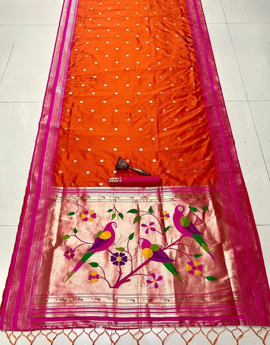 Rani & Kesari Orange Nauvari Kanjivaram Silk blend Paithani Saree with unstitched blouse.